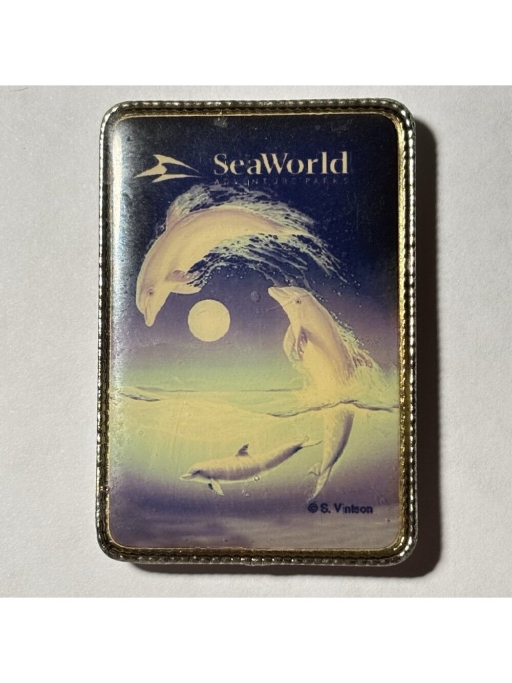 Vintage Sea World Fridge Magnet Souvenir Dolphins Jumping Over Moon Ocean Metal